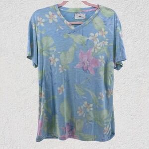 Sol Angeles Womens Tropical Floral V-Neck Slub Knit T-Shirt Blue M Made in USA